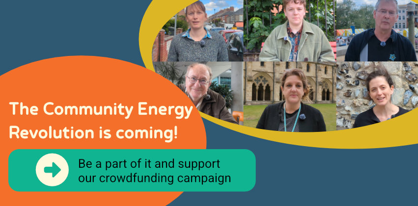 A banner with several photos of people looking at the camera and the text "The Community Energy Revolution is coming! Be a part of it and support our Crowdfunder campaign."
