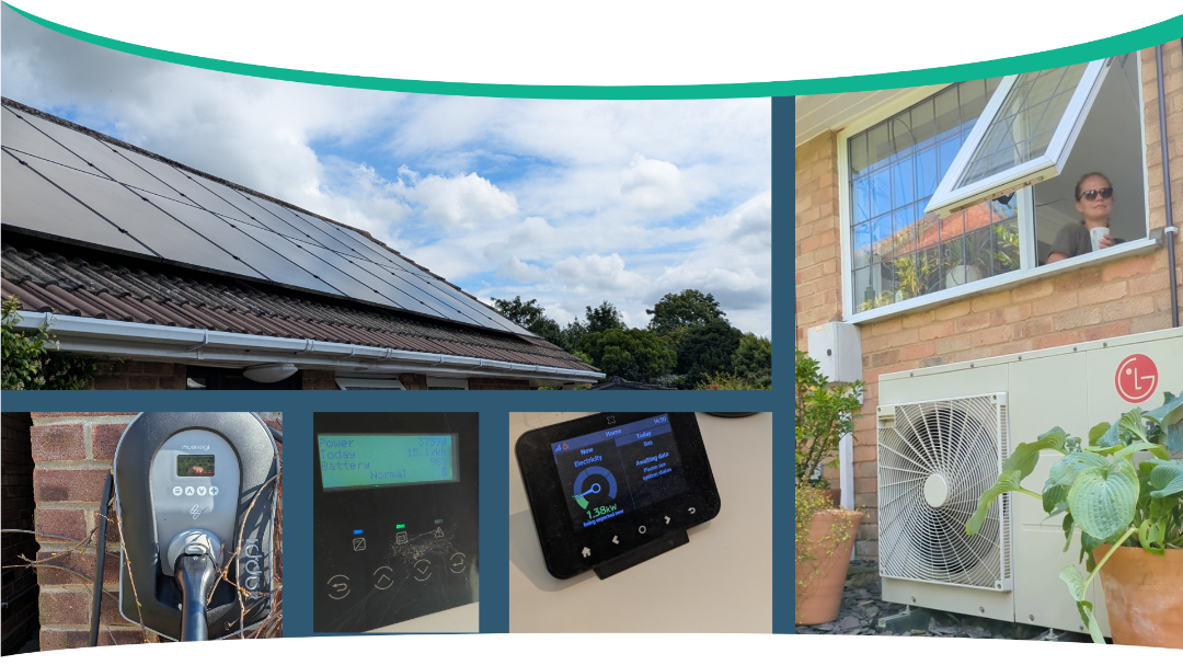 A collage of photos: solar panels on a bungalow roof, an electric car charger, a home battery, a smart meter and a heat pump in a garden next to an open kitchen window where a woman is drinking from a cup.